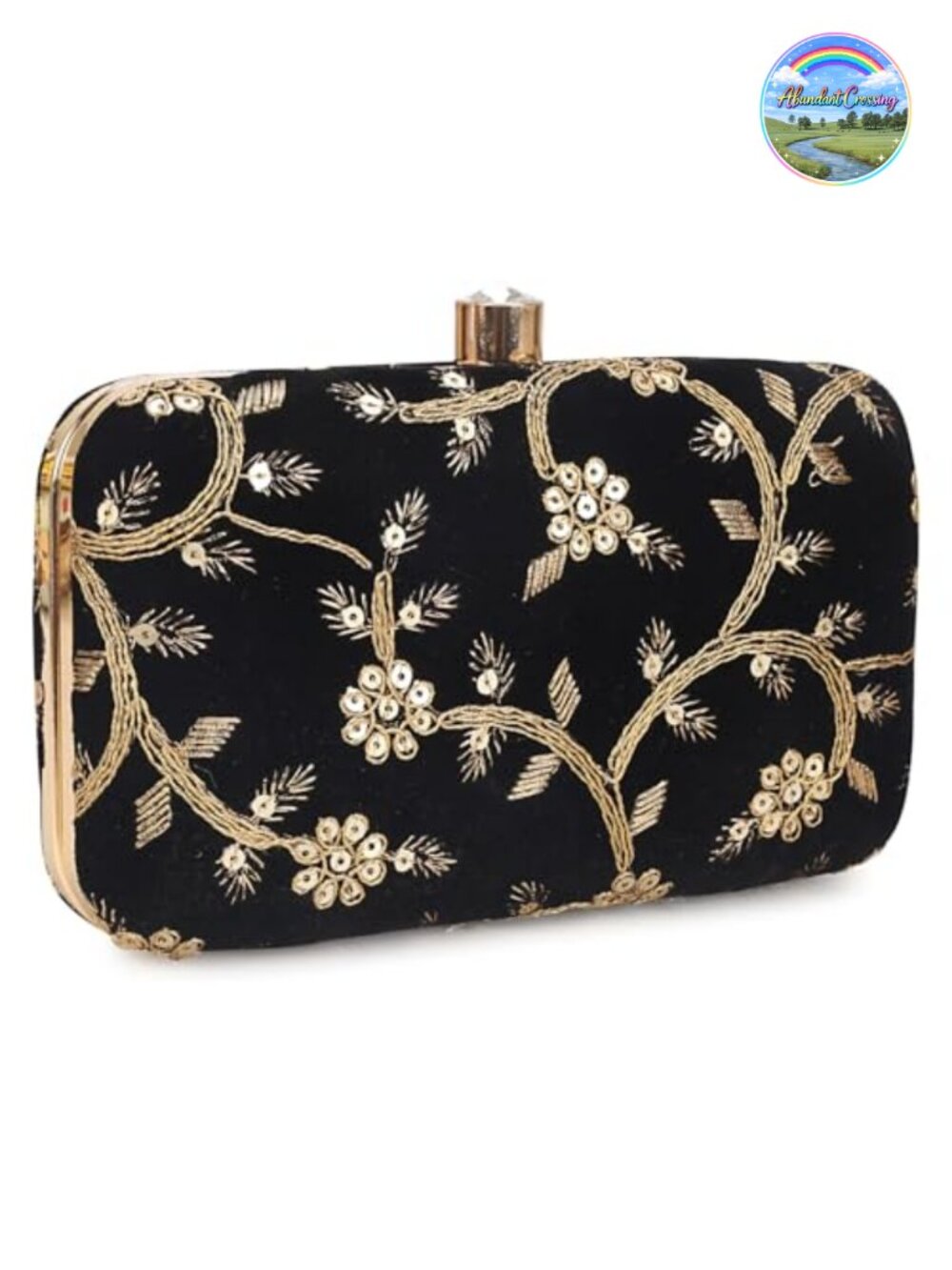 Hand Crafted Zari Embroidery Box Clutch with Detachable Gold Chain Strap